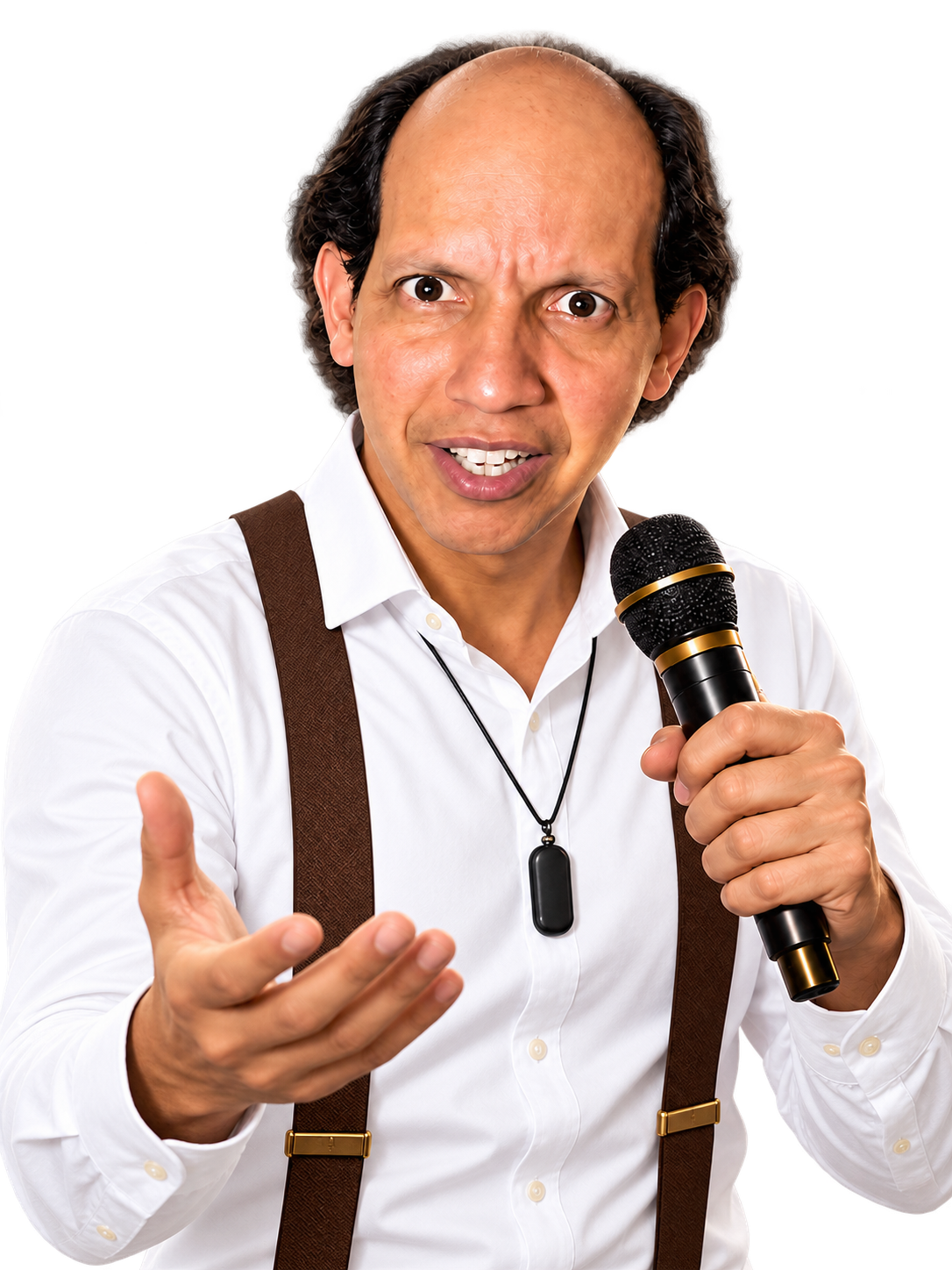 André Bruno com microfone, convidando à comunicação